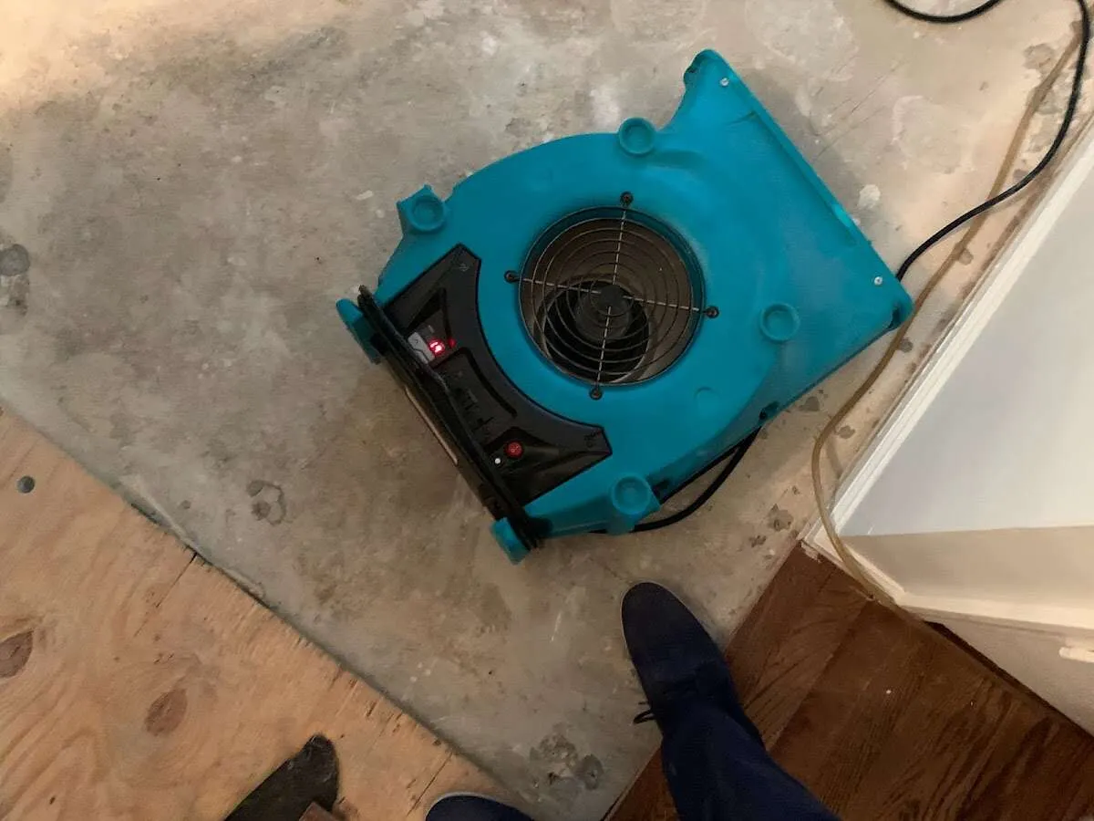 Air mover drying subfloor during Leak Detection & Repair in Pecan Grove